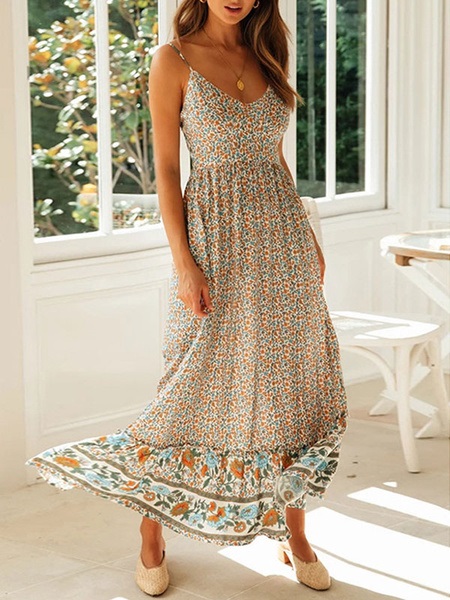 Maxi Dresses Sleeveless Floral Print Straps Neck Bohemian Dress Drawstring Long Dress