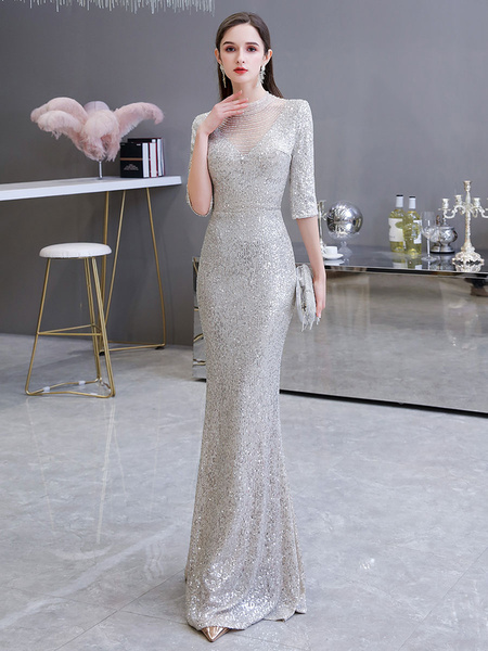 Mermaid Beaded Illusion Neck Sequined Half Sleeve Floor Length Sequins Formal Party Evening Dresses
