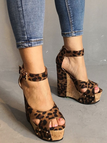 Peep Toe Leopard Print Platforms Wedge Heel Women's Shoes