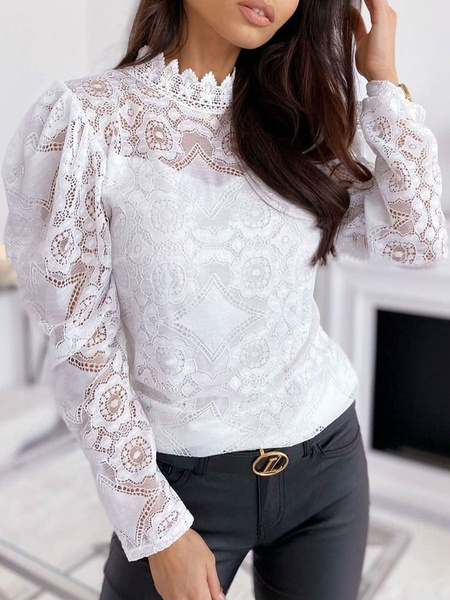 Shirt Cut Out Jewel Neck Sexy Long Sleeves Lace Tops