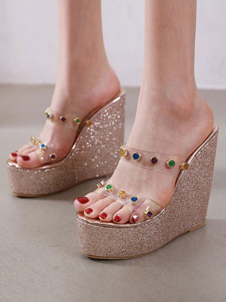 Wedge Heel Sandals Open Toe Transparente Jeweled Chic Women's Shoes