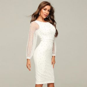 Sexy Puff Sleeve Pearl Party Club Dress - Image 3