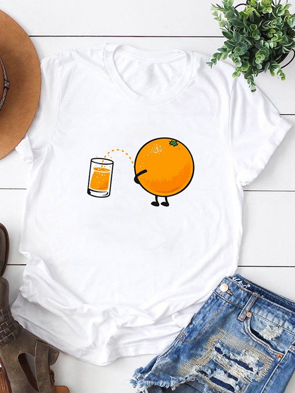 Cartoon Orange Print Short Sleeve Daily Casual T-shirt