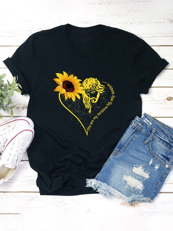 Casual Basic Sunflower Printed Short Sleeve O-neck T-Shirt