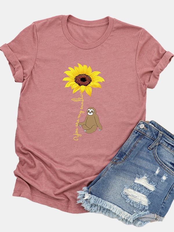 Casual Cartoon Sunflower Printed Short Sleeve O-neck T-Shirt
