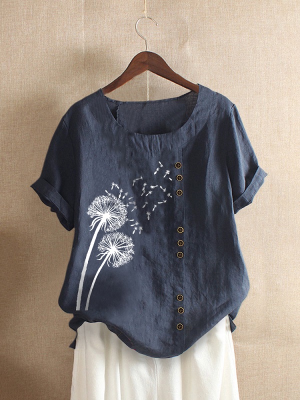 Casual Flower Printed Short Sleeve O-Neck Button Overhead T-shirt