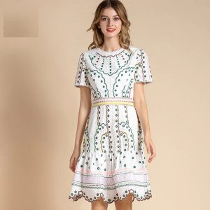 Fashion Runway Short Sleeve Hollow out Embroidered Holiday Dress