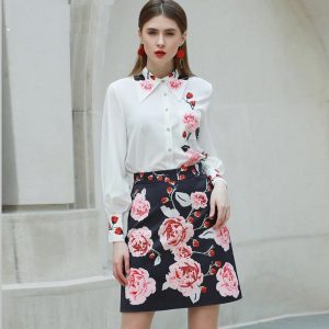 Fashion Designer Floral-Print Shirt+Beaded Elegant Skirt set