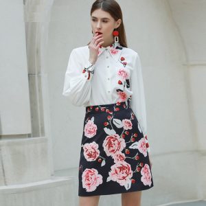 Fashion Designer Floral-Print Shirt+Beaded Elegant Skirt set - Image 2
