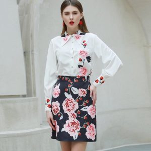 Fashion Designer Floral-Print Shirt+Beaded Elegant Skirt set - Image 5