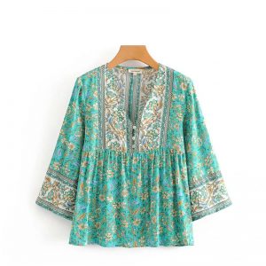 Long Sleeve Floral Printed V-Neck Blouse Shirts