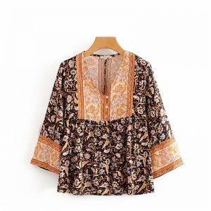 Long Sleeve Floral Printed V-Neck Blouse Shirts - Image 5