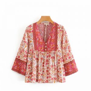 Long Sleeve Floral Printed V-Neck Blouse Shirts - Image 6