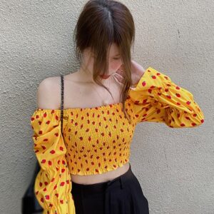 Strawberry Print Square Collar Blouse Shirts - Image 8