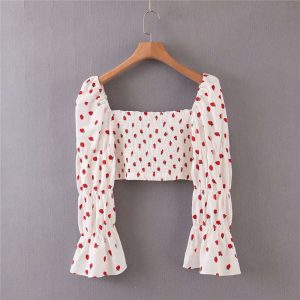 Strawberry Print Square Collar Blouse Shirts - Image 3