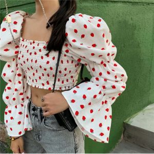Strawberry Print Square Collar Blouse Shirts