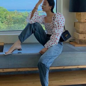 Strawberry Print Square Collar Blouse Shirts - Image 6