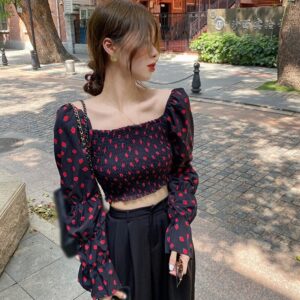 Strawberry Print Square Collar Blouse Shirts - Image 13