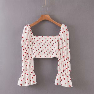 Strawberry Print Square Collar Blouse Shirts - Image 7