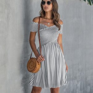 Stripe Sexy Off Shoulder Streetwear Elegant Crossed Short Sleeve Short Dress