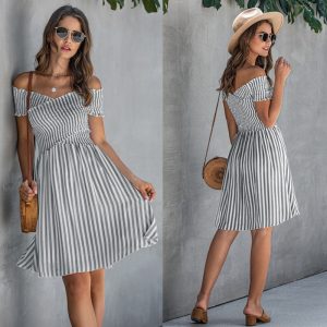 Stripe Sexy Off Shoulder Streetwear Elegant Crossed Short Sleeve Short Dress - Image 3