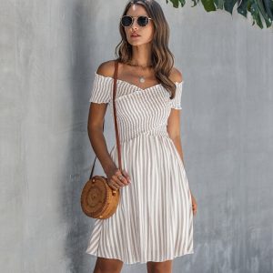 Stripe Sexy Off Shoulder Streetwear Elegant Crossed Short Sleeve Short Dress - Image 7