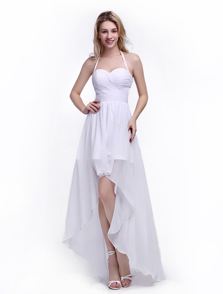 A-line Bridesmaid Dress with Halter Neck and Ruffles Chiffon Skirt