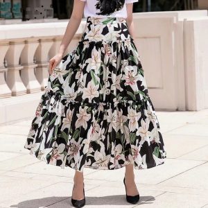 Casual lily Flower Printed A-line Midi Skirts