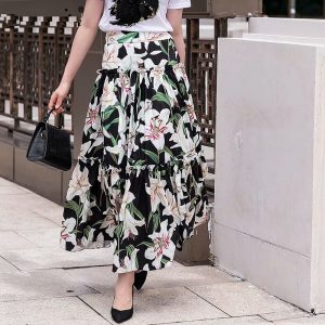 Casual lily Flower Printed A-line Midi Skirts - Image 2