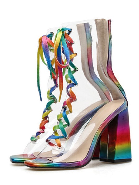 Clear Boots Lace Up Peep Toe Rainbow Flared Heel Perspex Booties