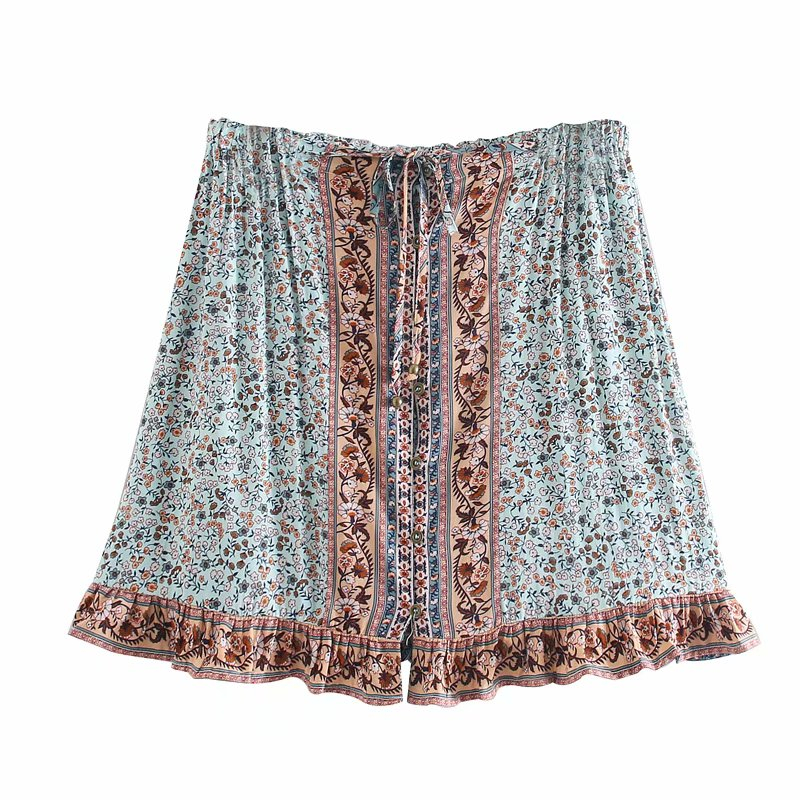 Floral stitching boho style peacock printed short skirt