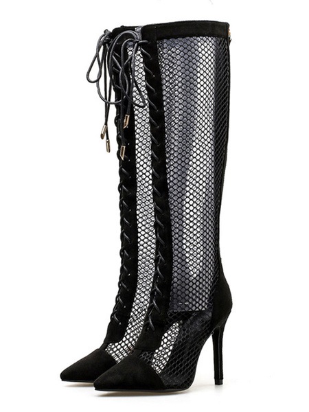 High Heel Boots Pointed Toe Cut Out Lace Up Zipper Detail Sandal Boots