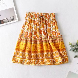 High elastic waist rayon cotton bohemian short skirt
