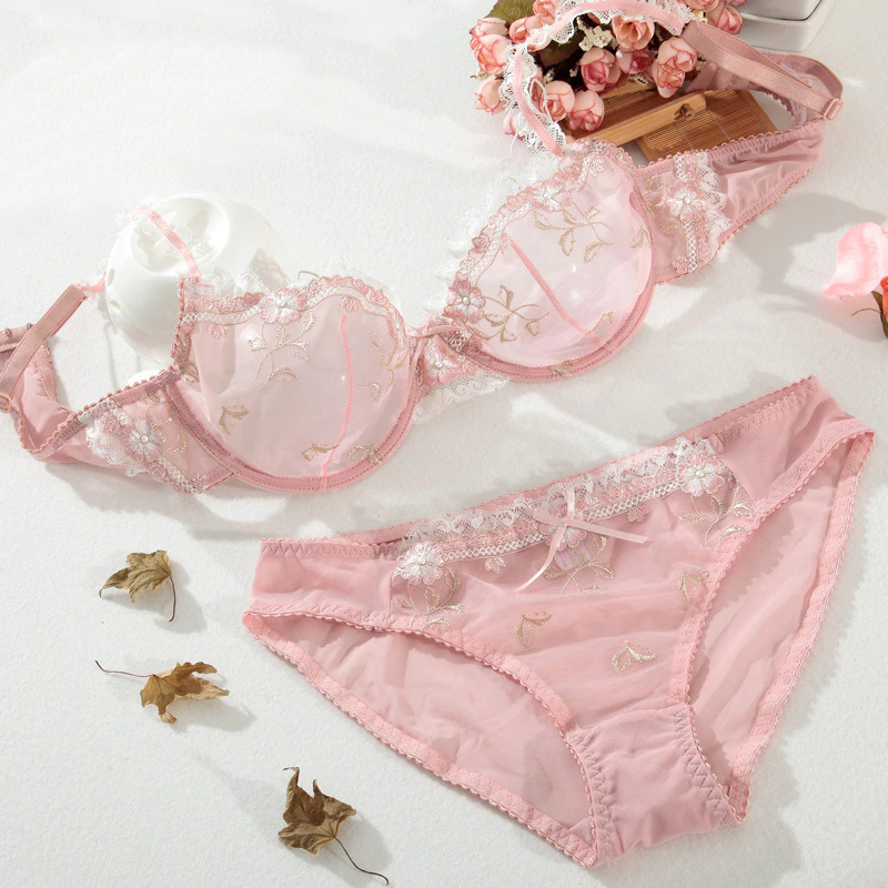 transparent lingerie lace embroidery thin bra set - Power Day Sale