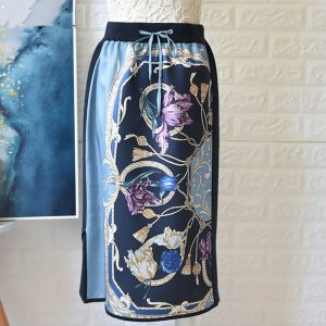 Silk Print Patchwork Wool Knitting High Waist Skirt