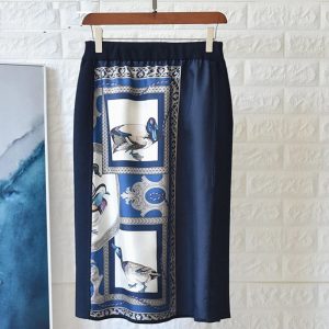 Silk Print Patchwork Wool Knitting High Waist Skirt - Image 2
