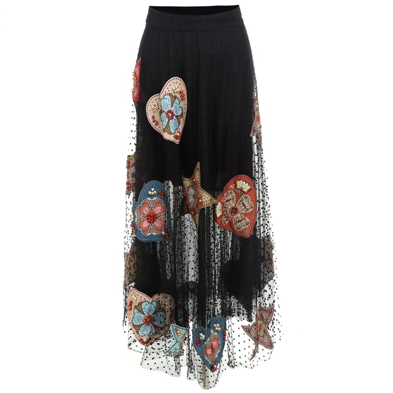 luxury Beaded Applique Flocking Dot Long Tulle Maxi Skirt