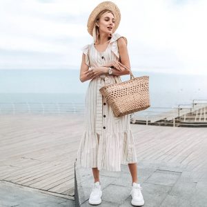 Elegant Ruffle Sleeve V-Neck Striped Long Dress