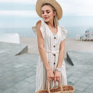 Elegant Ruffle Sleeve V-Neck Striped Long Dress - Image 4