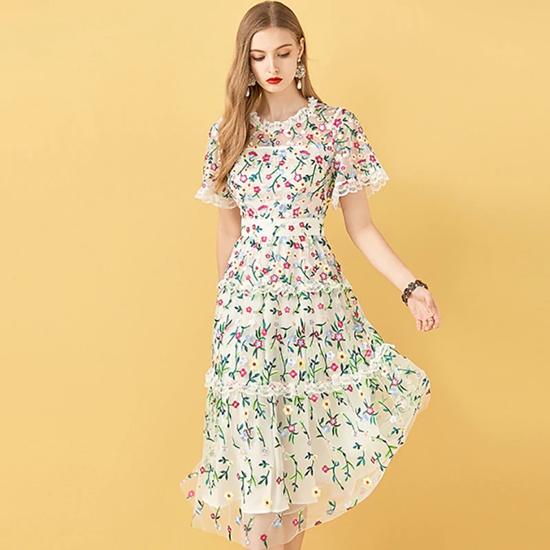 Flowers Embroidery Ruffles Vintage Midi Dresses