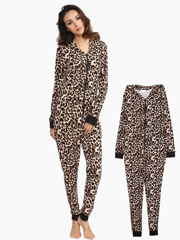 Leopard Hooded Jumpsuits Front Zipper Pajama Set