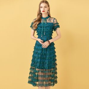 Short Sleeve Cake Lace Ruffles Mesh Vintage Dresses