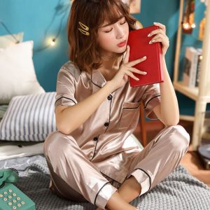 Short Sleeve Silk Satin Sleepwear 2 Pieces Set - Image 8