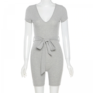Solid Ribbed Sashes V-neck Romper - Image 5