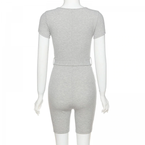 Solid Ribbed Sashes V-neck Romper - Image 7