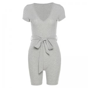 Solid Ribbed Sashes V-neck Romper - Image 8