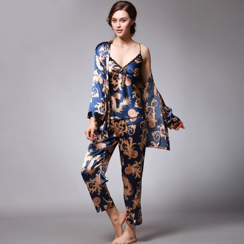 Three Piece Nightwear Silk Like Dragon Printed Lingerie