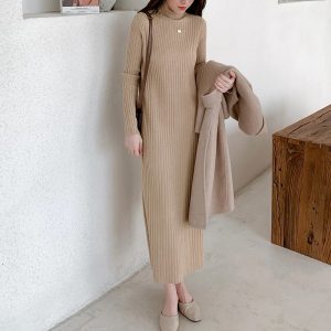 Casual Thick Warm Turtleneck Mid-Length Sweater Dress - Image 2