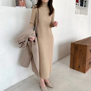 Casual Thick Warm Turtleneck Mid-Length Sweater Dress - Image 3