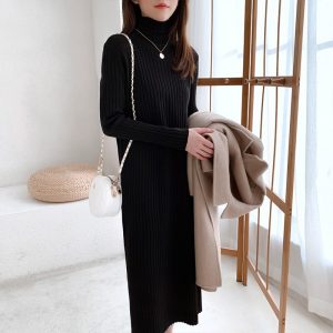 Casual Thick Warm Turtleneck Mid-Length Sweater Dress - Image 12
